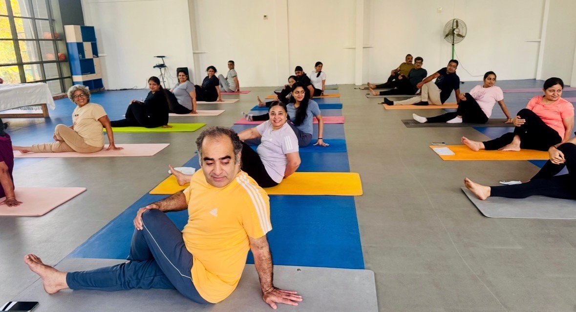 Adults participating in a guided group yoga session