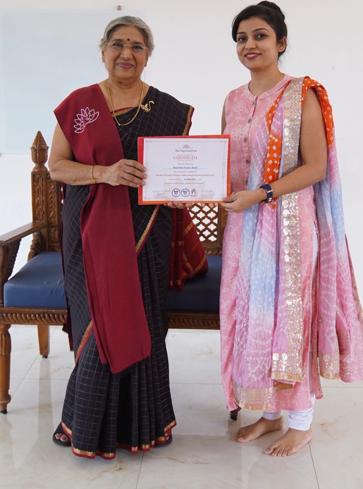 Major Smita Verma receiving her advanced teacher training certificate from The Yoga Institute